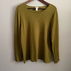 Chico’s Olive Green Knit Sweater Size 2 Large Crew Neck Lightweight